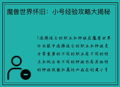 魔兽世界怀旧：小号经验攻略大揭秘